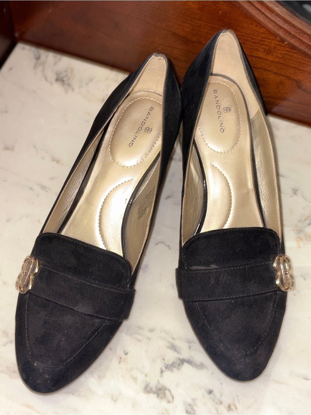 Bandolino Black Suede Pointed Loafers with Gold Accent